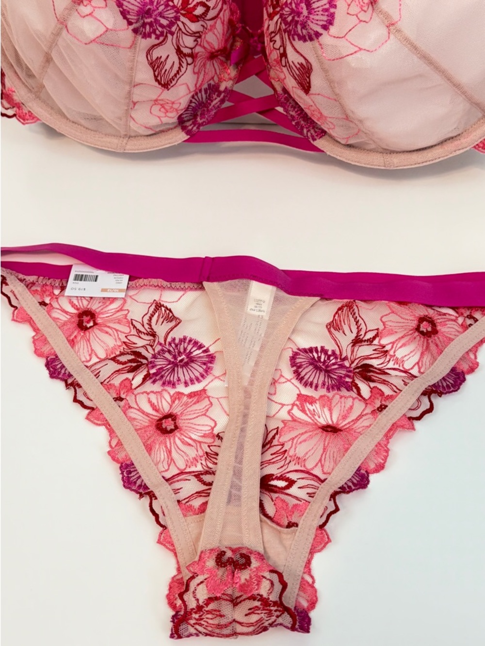 Cacique Nude and Hot Pink Floral Embroidered Underwire Bra & Bikini - Picture 6 of 13